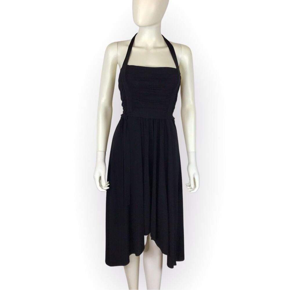 BCBGMaxAzria Black Halter Dress Stretchy High Low Midi Evening Knee Length
